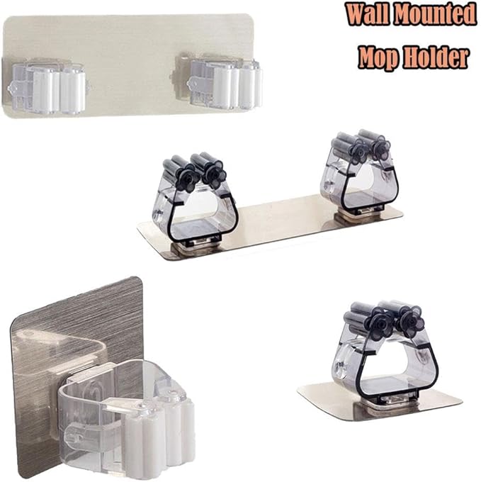 SEIWEI 3 Pcs Wall Mounted Mop Holder Self-Adhesive Broom and Mop Grippers Saving Space Mop Broom Organizer for Hang Brooms, Mops, Cleaning Brushes, Umbrellas(Double white)