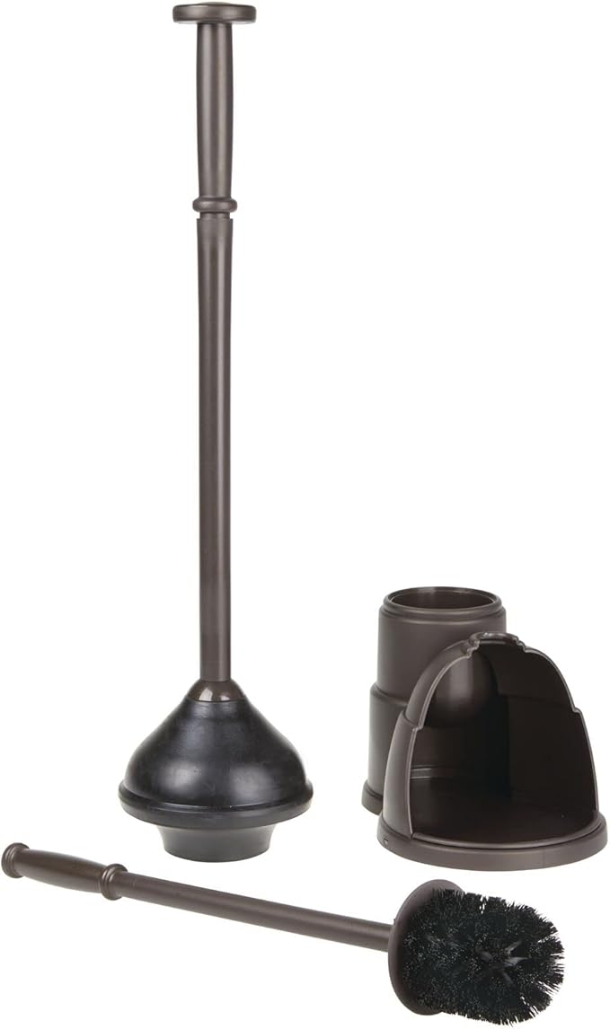 mDesign Plunger and Brush Set for Toilet Bowl - Hidden, Modern Toilet Brush and Plunger Set with Caddy - Brush Cleaner and Plunger Combo with Holder for Bathroom - Hyde Collection - Bronze