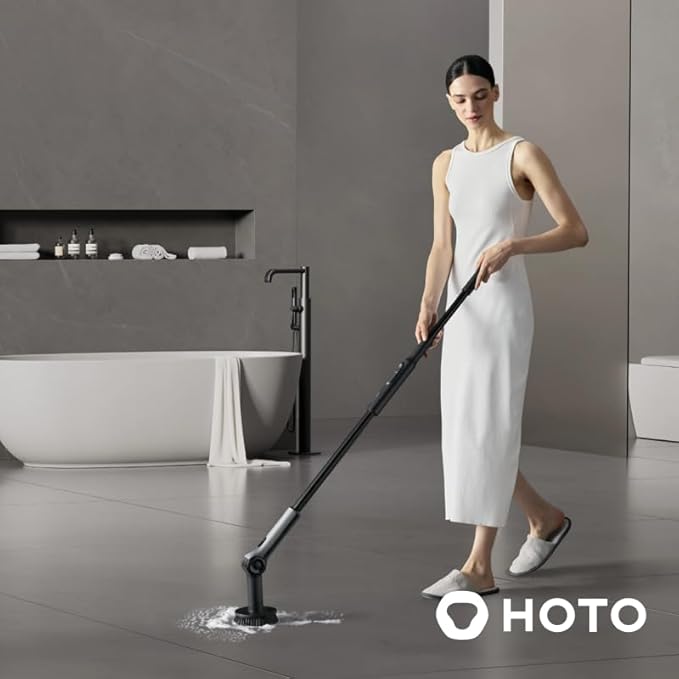 HOTO Flexi™ Cordless Electric Spin Scrubber, Adjustable Angle, Extendable Handle, Smart Display, IPX7 Waterproof, Powerful Cleaning Scrubber with 8 Replaceable Brush Heads, for Bathtub, Bathroom, Tile