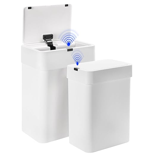 2 Pack Bathroom Trash Can with Lid - 2.5 Gal and 4 Gal Motion Sensor Garbage Bin, Smart Rubbish Bin, Waterproof Slim Dustbin, Automatic Plastic Trash Can for Bathroom, Office, White