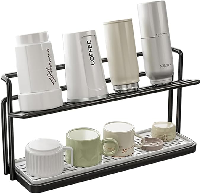 2-Tier Space-Saving Drain Rack with Removable Tray, Cup Storage Rack for Kitchen Sink, Dish Drying Organizer (Black)