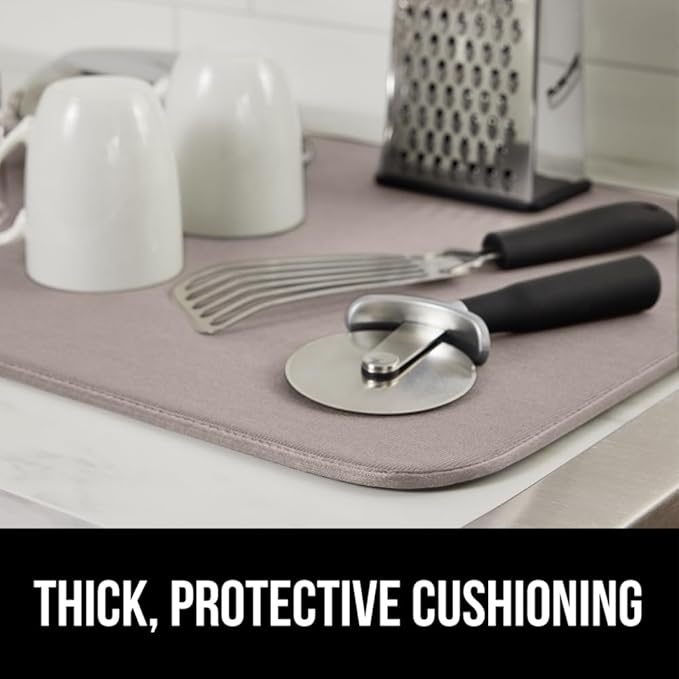 GORILLA GRIP Ultra Water Absorbent Microfiber Dish Drying Mat, 18x32, Quick Dry Thick Mesh, Slip Resistant Pad for Sink Dishes or Under Rack, Kitchen Counter Accessories, Machine Wash Mats, Almond