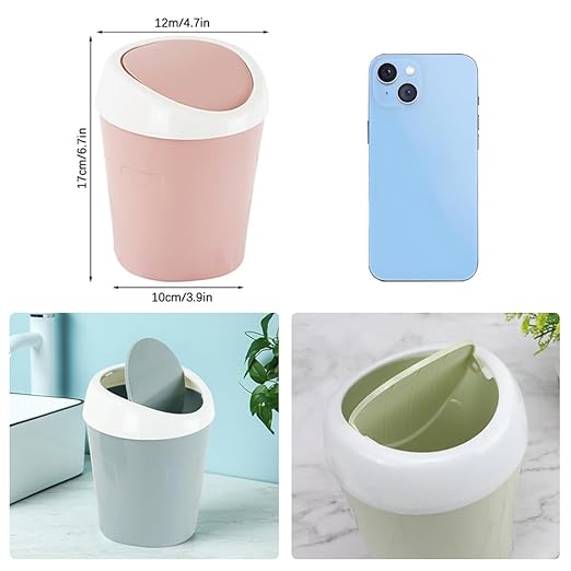 2 Pcs Plastic Mini Wastebasket Trash Can with 120 Trash Bags, Tiny Desktop Waste Garbage Bin with Swing Lid for Home, Office, Kitchen, Vanity Tabletop, Bedroom, Bathroom (Green + Pink)