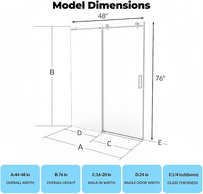 44-48" W x 76" h Frameless Sliding Shower Door – Waterproof Glass Shower Door-1/4 Tempered Clear Glass with Explosion-Proof Film, Brushed Nickel Handle & Seal Strip