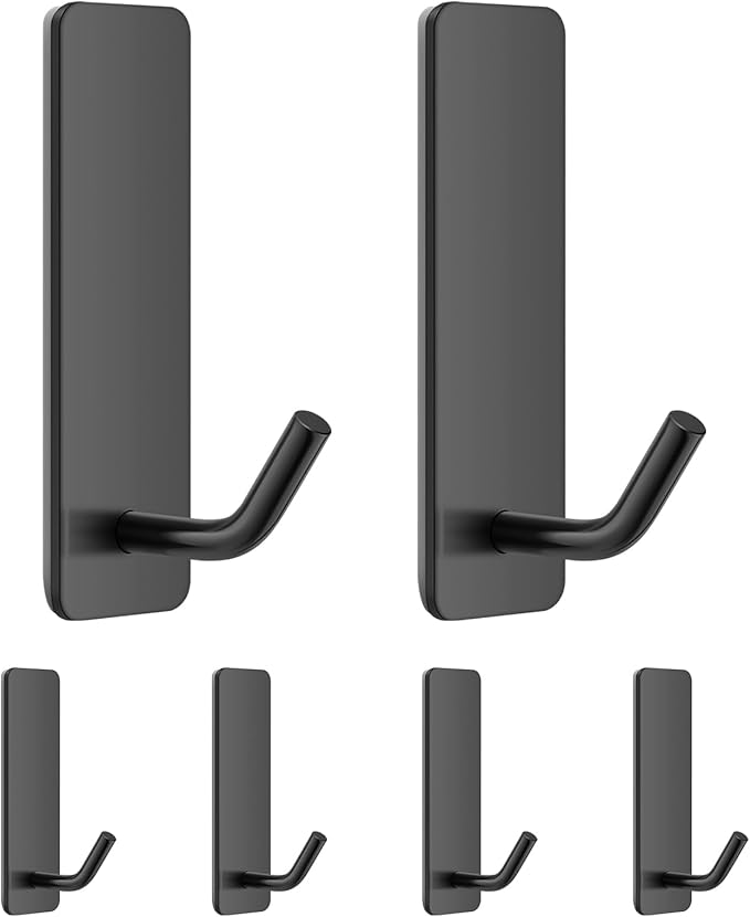 Small Self Adhesive Hooks for Walls No Damage, 6-Pack Stainless Steel Stick on Hooks for Hanging Towel Key Hat Bag Jewelry, Sticky Hangers for Kitchen Bathroom Door (Black(6pcs))