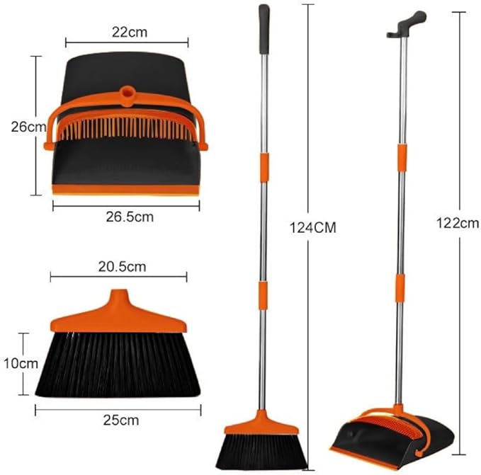 ECO CREST-Mini Dust Pan and Broom Set Long Handle Sweeping Set PP PET Black & Orange Broom Height 124cm Dustpan Height 122cm Upright Standing Cleaning Tools for Home & Office