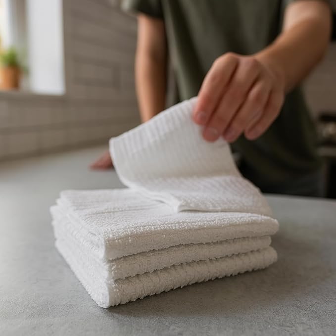 Looperry White Terry Cloth Rags (16 Pack) 16"x19" Inches Ribbed - Lint Free Dish Cloth Multipurpose Cleaning Rags for Housekeeping, Car Wash. Absorbent & Reusable Bar Mop Towels for Kitchen Cotton