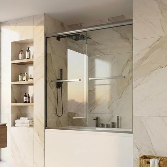 Bathtub Shower Door, 60" W x 59" H Sliding Tub Door with Dual Panels, 6mm (1/4") SGCC Tempered Glass with Explosion-Proof Film & Protective Coating, Brushed Nickel Aluminum Alloy Frame