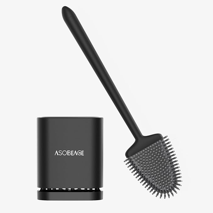 ASOBEAGE Deep Cleaner Toilet Brush: Silicone Toilet Brush with No-Slip Long Plastic Handle and Flexible Bristles, Quick Drying Holder Set for Bathroom（Black）