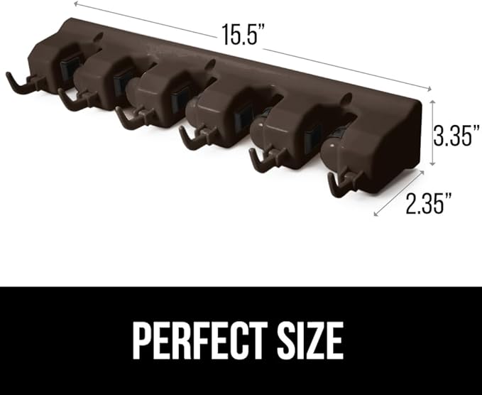 GORILLA GRIP Wall Mount Hook Fixture, Also Includes Slots to Hold Mop, Broom, Tools, Easy Install, Organize Cleaners, Tools, Home, Kitchen, Garage, 6 Hooks 5 Slots, Brown
