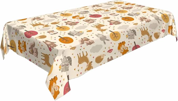 Cute Woodland Animals Table Cloth 52x70 Cartoon Rabbit Hedgehog Raccoon Autumn Tree Rectangular Tablecloth Polyester Washable Table Cover for Dining Kitchen Banquet Picnic Decorative