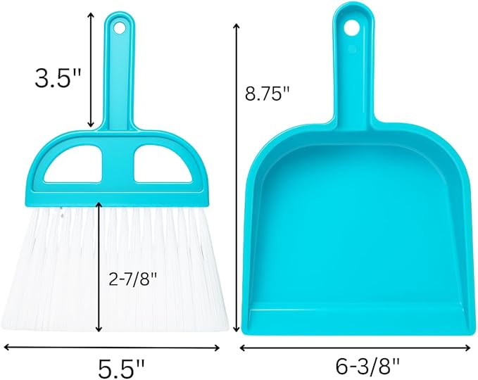 DAB 6" x 5" Mini Whisk Broom and Dustpan | Dustpan & 8.5" (21.6 cm) Broom | Vibrant Green, Blue, Pink Designs