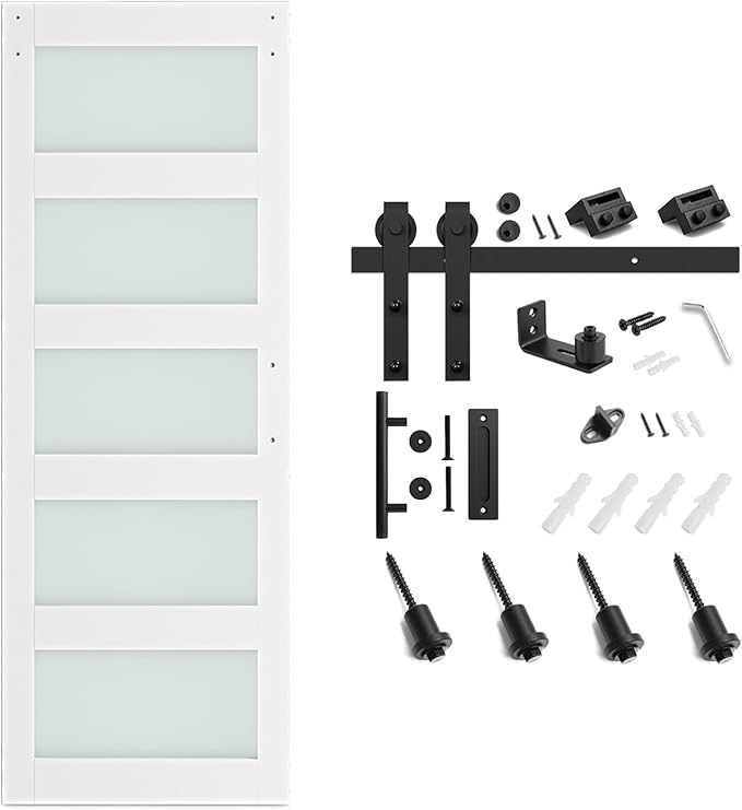 SmartStandard 30 x 96 in Glass Barn Door with 5FT Sliding Hardware Kit & Handle, Pre-Drilled Ready to Assemble, Waterproof PVC Coating, White, 5-Panel Glass