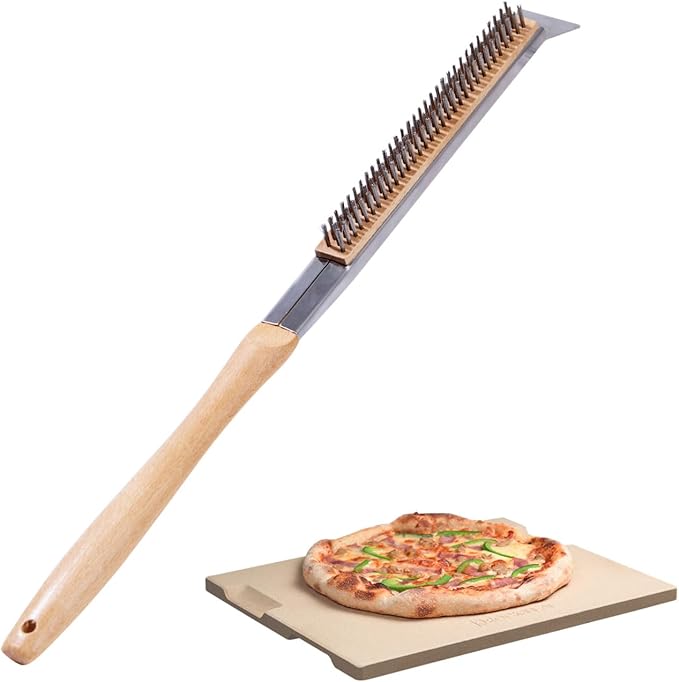 Pizza Oven Brush, 20 Inch Grill Cleaning Brush with Scraper, Heat Resistant Stainless Steel Bristles, Beech Wood Handle, 2 in 1 Pizza Stones Brush, Ourdoor pizza oven accessories