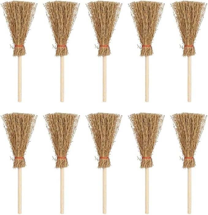5Pcs Mini Witch Brooms for Dollhouse, Handmade 1:12 Scale Broomstick Set, Fairy Cottage Display and Cosplay Props