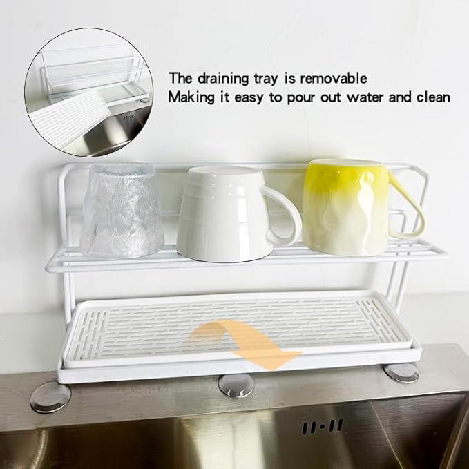 2-Tier Space-Saving Drain Rack with Removable Tray, Cup Storage Rack for Kitchen Sink, Dish Drying Organizer (White)