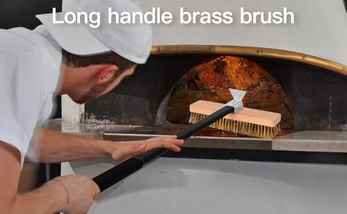 Large Pizza Oven Brush with Scraper, 10.7" Length Brass Bristles Grill Brush with 37 or 52.8 Inch Long Handle, Backyard Pizza Oven Accessories
