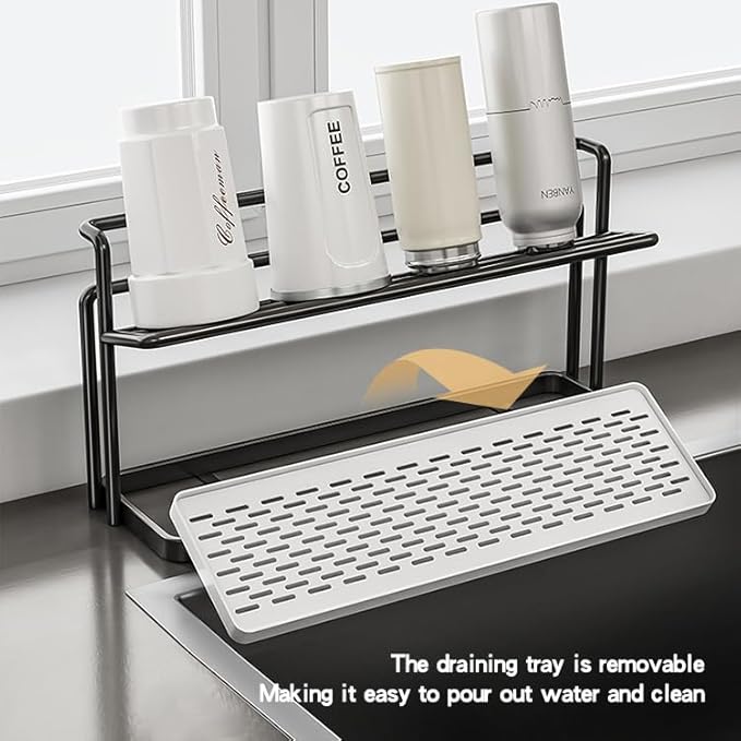 2-Tier Space-Saving Drain Rack with Removable Tray, Cup Storage Rack for Kitchen Sink, Dish Drying Organizer (Black)
