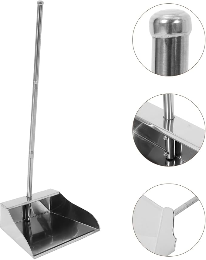 Cabilock Stainless Steel Upright Dustpan with Long Handle Heavy Duty Metal Dust Pan for Home Cleaning Floor Debris Removal 28.34X10.03X8.54 Inches No Bent Over Garbage Shovel