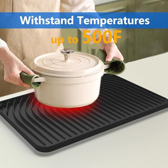 Dish Drying Matt for Kitchen Counter,10"14"18"20"Silicone Dry Rack Mat with Built in Drain, Kitchen Dry Mats for Dishes Drying Pad for Counter(18"×12"black)