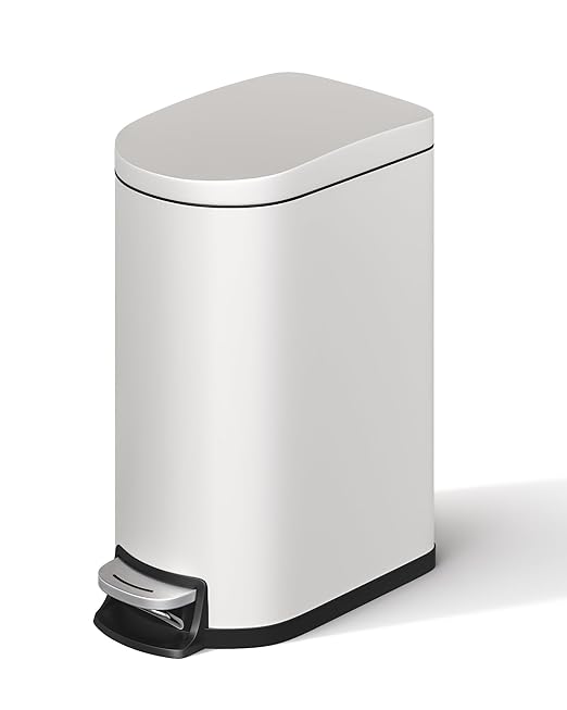 Garvee 2.6 Gallon / 10L Metal Bathroom Trash Can with Lid, Slim Step-On Bin with Soft-Close, Removable Inner Bucket & Rear Handle, Waterproof, White