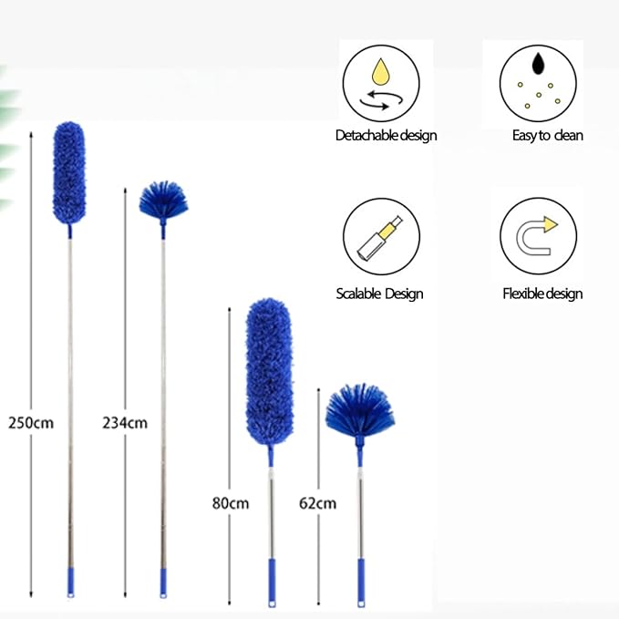 Cobweb Duster with Extension Pole, Ceiling Cob Web Cleaner Kit with 2 Duster Heads, 15-100 Inch Telescopic Microfiber Cleaning Duster, Long Corner Duster Tool for High Walls, Fans, Blinds Blue
