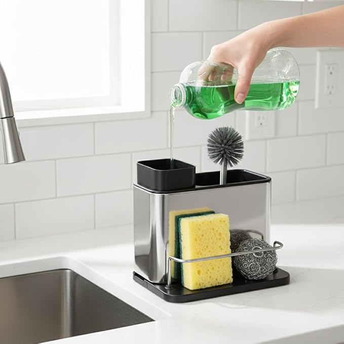 Soap Dispenser for Kitchen Sink, Stainless Steel 3-in-1 Sponge Holder for Kitchen Sink, Dish Soap Dispenser with Sponge Holder Rustproof Dishwashing Brush Holders