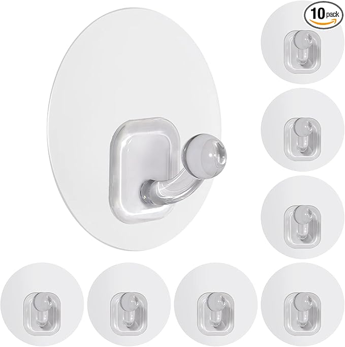 Uten Adhesive Hooks for Hanging 10 Pack, Heavy Duty Wall Hooks 11 lbs, Self Adhesive Waterproof Sticky Robe Towel Transparent Hooks for Home, Bathroom, Kitchen, Outdoor