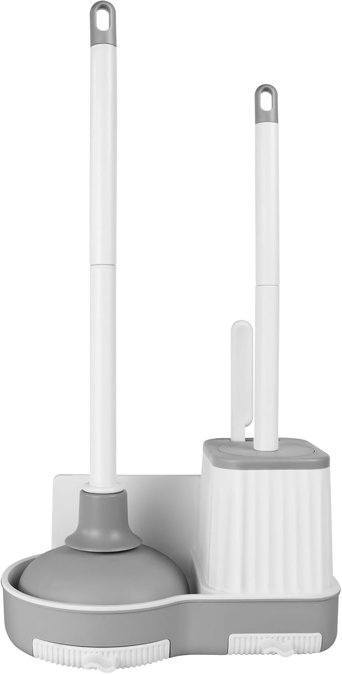 Toilet Brush and Plunger Set, 3 in 1 Toilet Bowl Brush and Holder with Crevice Cleaning Brush Wall Mounted Household Bathroom Cleaning Tools Combo(White-Gray)