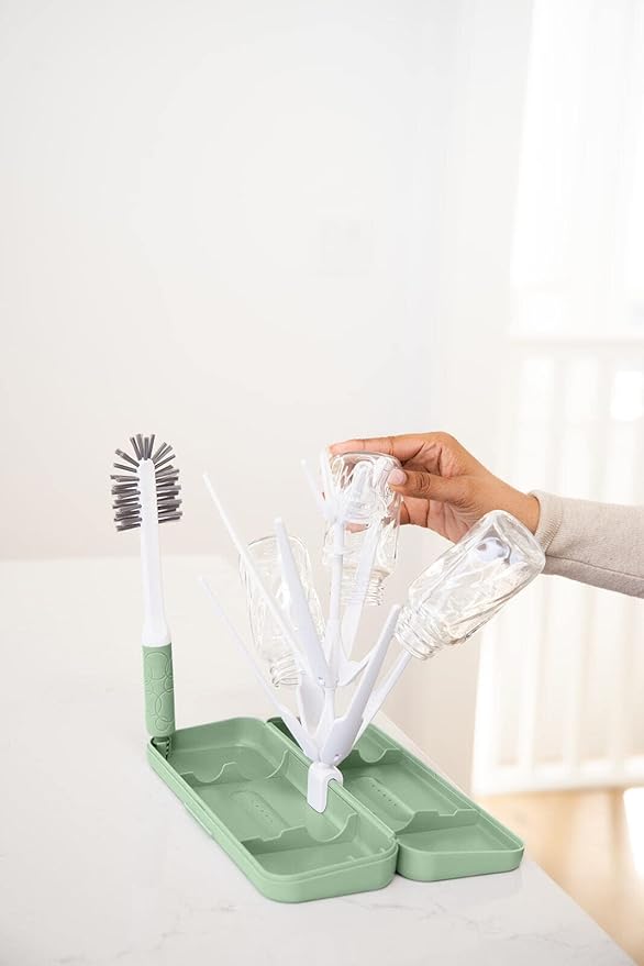 Ubbi On-the-Go Drying Rack and Brush Set, Includes Travel Case and Bottle Brush for Compact Storage, Holds Up To 8 Bottles, Baby Travel Accessories, Sage