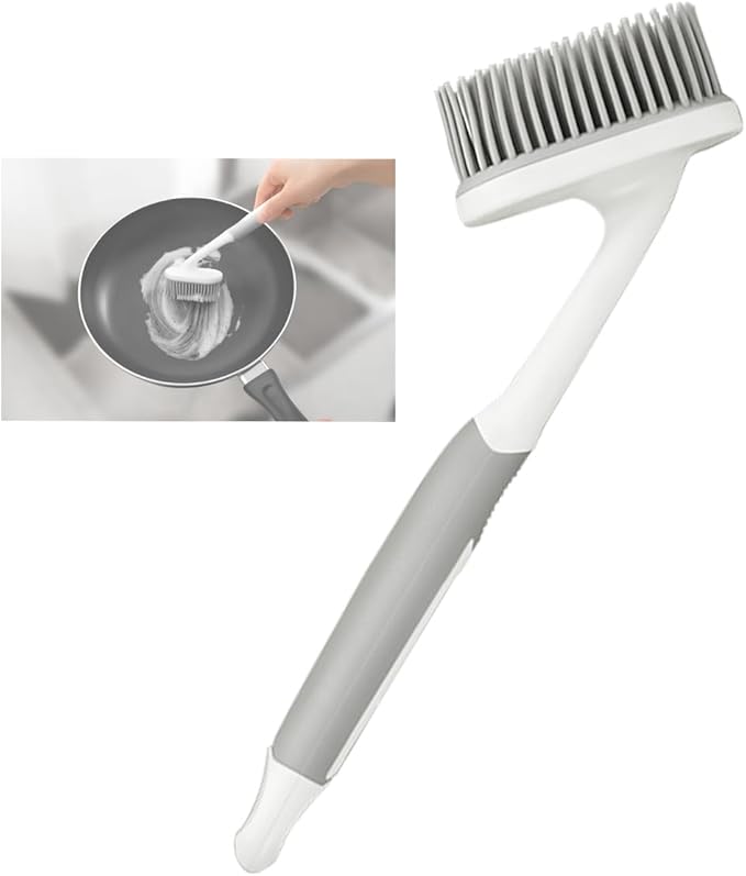 Dish Scrubber, Silicone Soft Bristles Scrub Brush with Scraper Tip, Comfortable Grip Brushes for Kitchen Sink, Pans, Pots, Skillet, Vegetable, Fruit, Potato Cleaning (Grey Style2)