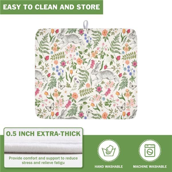 Easter Bunny Dish Drying Mat for Kitchen Counter,Colorful Flowers Sage Green Leaves Vintage Botanical Plants Drying Mat 16 x 18 Inch with Absorbent Reversible Microfiber Drying Pad for Coffee Bar