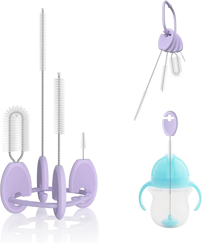 Baby Straw Brush Set, 4 Piece Cleaner Kit with Standable Key Ring for Sippy Cups, Weighted Straw Cups & Baby Bottles – Designed for 0–24 Months, Purple