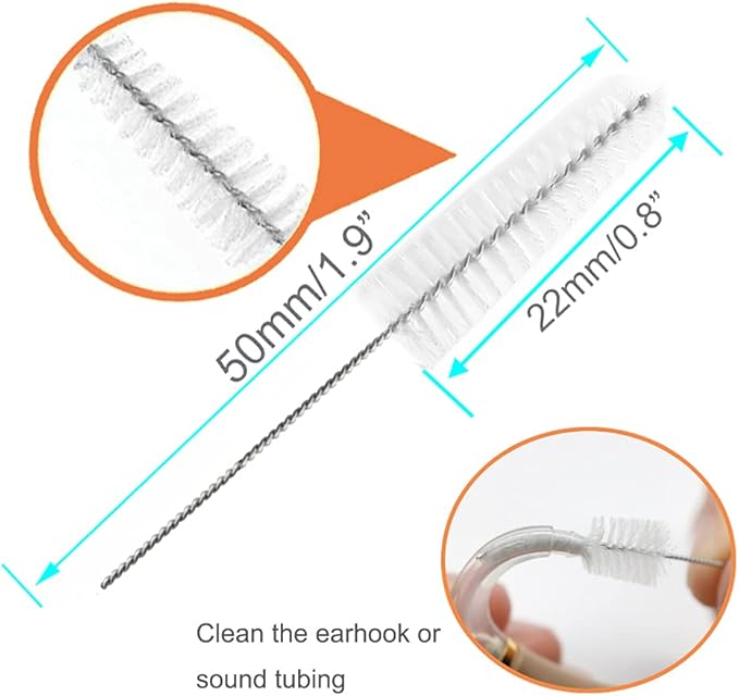 Hearing Aid Vent Earhook Tube Cleaning Brush Kit Tools Accessories with Carry Case (White- Pack of 10)
