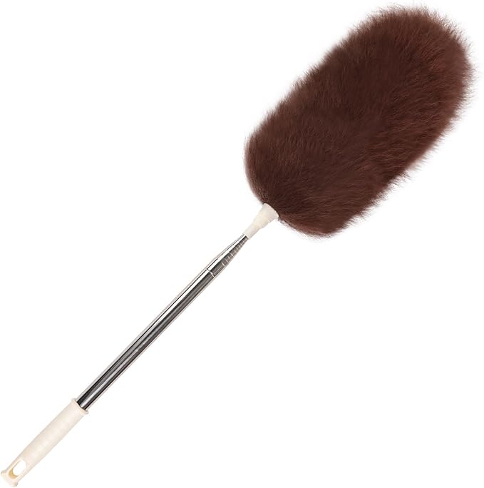 Extendable Lambswool Duster Stainless Steel Handle 133" Removable Feather Duster for Cleaning Ceiling Fans Interior Roof Furniture, Brown