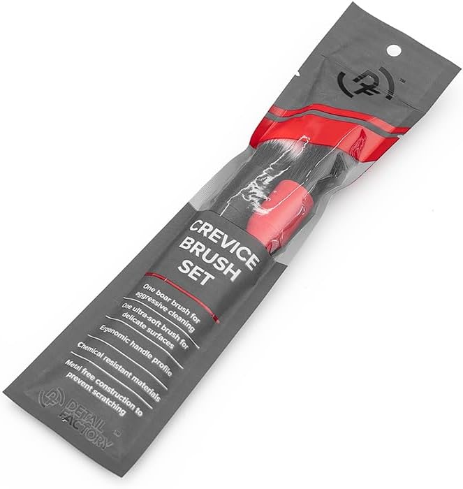 Detail Factory - Boar Hair Detailing Brush Short-Handle + Long-Handle Combo Kit - Comfortable Grip and Heavy-Duty Scrubbing for Interior, Exterior, Engine Bay, Wheels, Exhaust Tips, Red + Black
