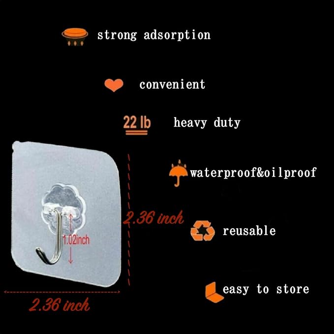 Heavy Duty Adhesive Hooks 33 lb(Max) 15KG,Waterproof and Oilproof Reusable Seamless Hooks Heavy Duty Wall Hook for Kitchen Bathroom Office (Transparent Small 40 pcs)