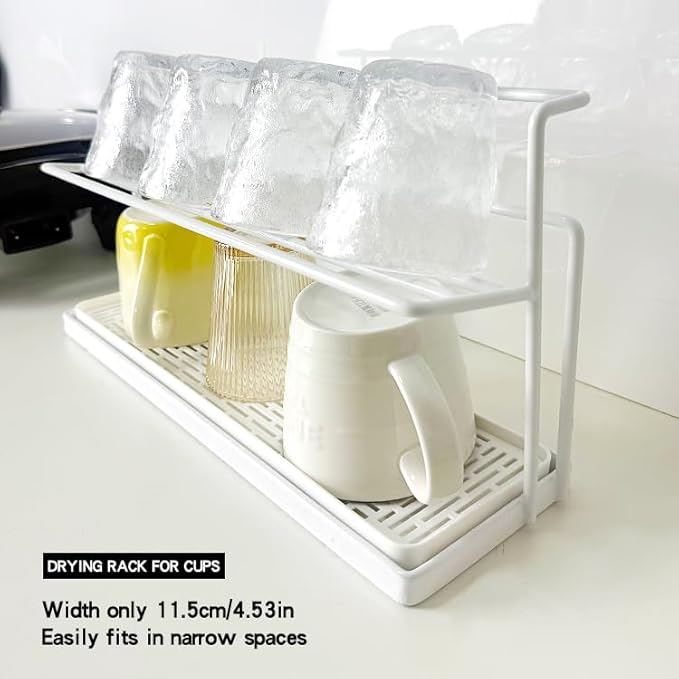 2-Tier Space-Saving Drain Rack with Removable Tray, Cup Storage Rack for Kitchen Sink, Dish Drying Organizer (White)