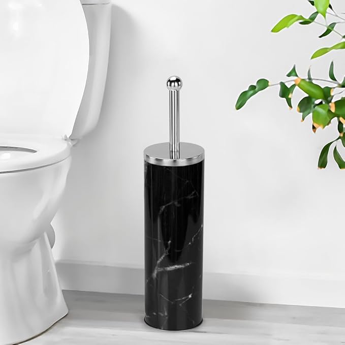 Zahari Home Marble Toilet Bowl Brush and Holder, Black, Metal