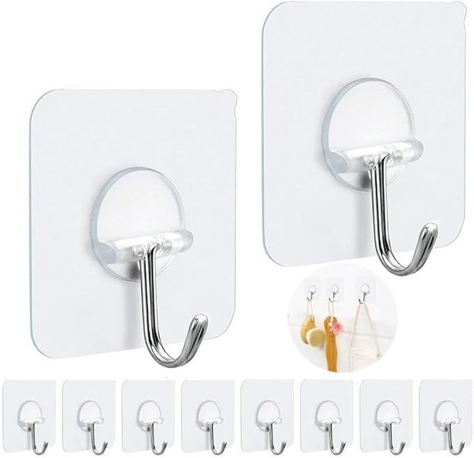 FOTYRIG Adhesive Hooks Heavy Duty Wall Sticky Hooks for Hanging Wall Hangers Without Nails 15lb(Max) 180 Degree Rotating Seamless Stick on Bathroom Kitchen Office Outdoors-10 Packs