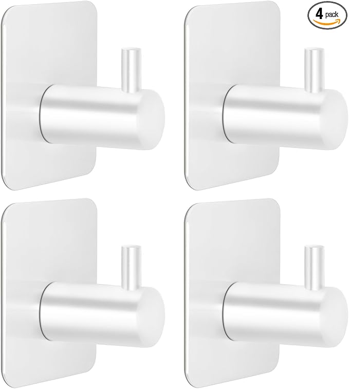 Adhesive Hooks for Bathrooms, 4 Piece Towel Hooks for Hanging Hat Robe Coat, Stick on Hooks for Kitchens, Strong Self-Adhesive No Damage Waterproof Stainless Steel Sticky Hook (White)