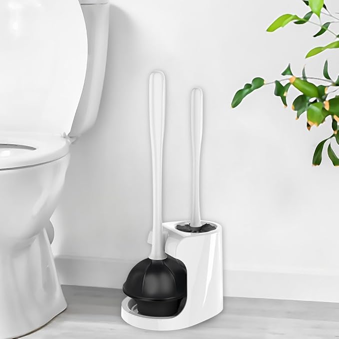 2 in 1 Toilet Brush and Plunger Set - Toilet Brush with Solid Handle, Stand and Holder for Deeply Cleaning in Bathrooms - Plastic Toilet Brush and Holder Set in White