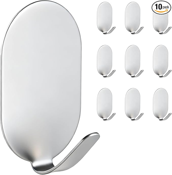 Sticky Adhesive Hooks for Hanging, Key Hooks, Stainless Steel Wall Hooks, Command Hooks, Coat Hooks, Door Hooks, Towel Hanger, Metal Hook, Utility Hooks,Picture Hanger, Storage Hooks,10Pcs (Silver)