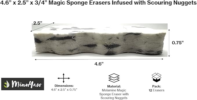 12 Pack 4.6” x 2.5” x 3/4” Magic Sponge Erasers Infused with Scouring Nuggets, 10x Durability vs Traditional Erasers, Advanced Cleaning for Bathroom Kitchen Floors