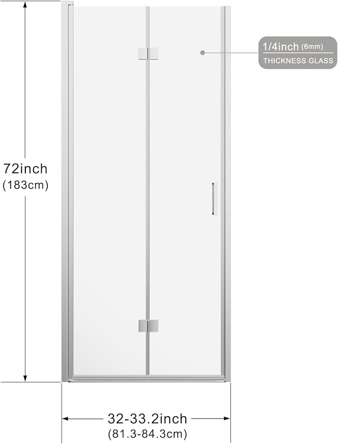 Frameless Bi-Fold Shower Door 32" W x 72" H, 1/4" Clear Tempered Glass, Folding Swing Design, Reversible Installation, Chrome Finish, Space-Saving Glass Shower Door for Small Bathrooms