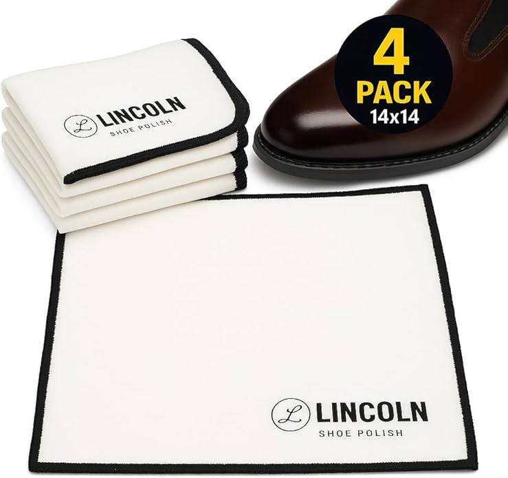 Lincoln Shoe Polish 4-Pack Shoe Shine Cloths – Heavyweight 14×14 Premium Cotton Polish & Buffing Cloth for Shoes, Leather, Boots – Reusable, Stitched Edges for Mirror Finish
