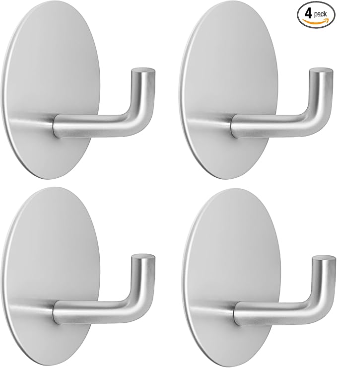 Adhesive Hooks for Bathrooms, 4 Piece Towel Hooks for Hanging Hat Robe Coat, Stick on Hooks for Kitchens, Strong Self-Adhesive No Damage Waterproof Stainless Steel Sticky Hook (Silvery)