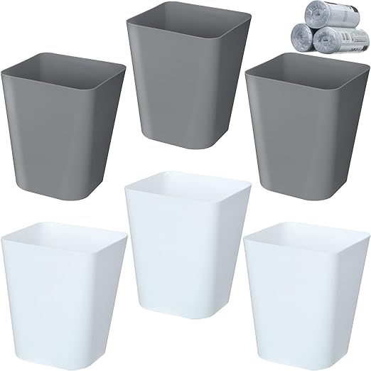 Eccliy 6 Pack Small Trash Cans for Bathroom Plastic Trash Can with 3 Rolls of Bags Small Wastebasket Garbage Bin Container, Bedroom, Home Office, Living Room, Kitchen (Gray,White)