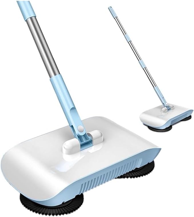 2 in 1 Carpet Sweeper Cleaner, Vacuum Broom Powerful Manual Vacuum Cleaner Hand Push Sweeper Mop Cleaning Machine with Cloth (with One Cloth), Blue