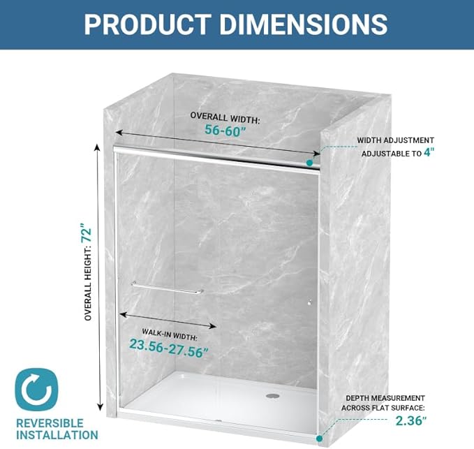 Glass Sliding Shower Door 56-60" W x 72" H, Semi Frameless Double Sliding Bathroom Shower Door, 1/4"(6mm) Clear Tempered Glass, Nano Easy Cleaning Coated, ANSI Cerified, Polished Chrome